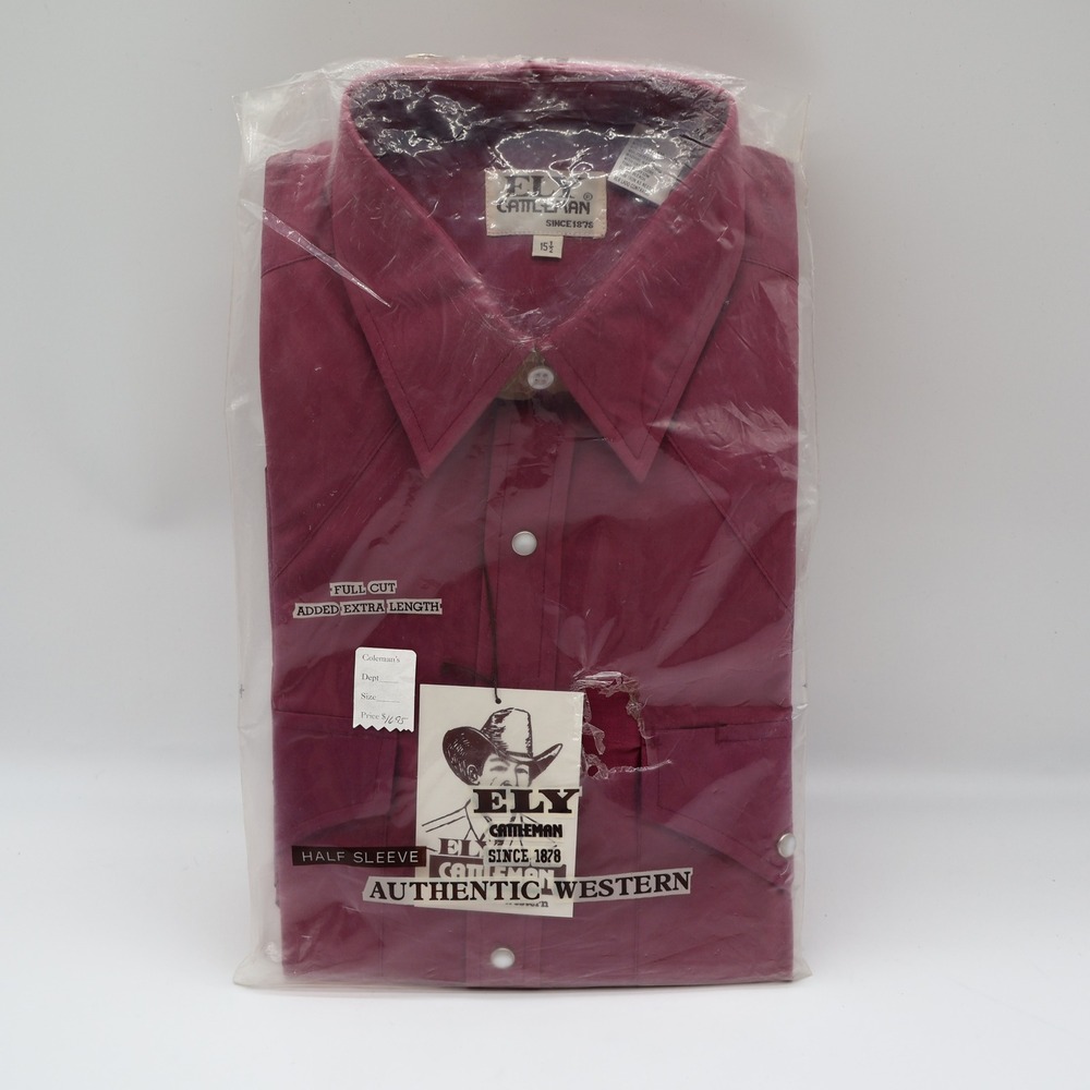 Ely Cattleman Western Shirt Mens 15.5 Vintage Burgundy Pearl Snap Half Sleeve
